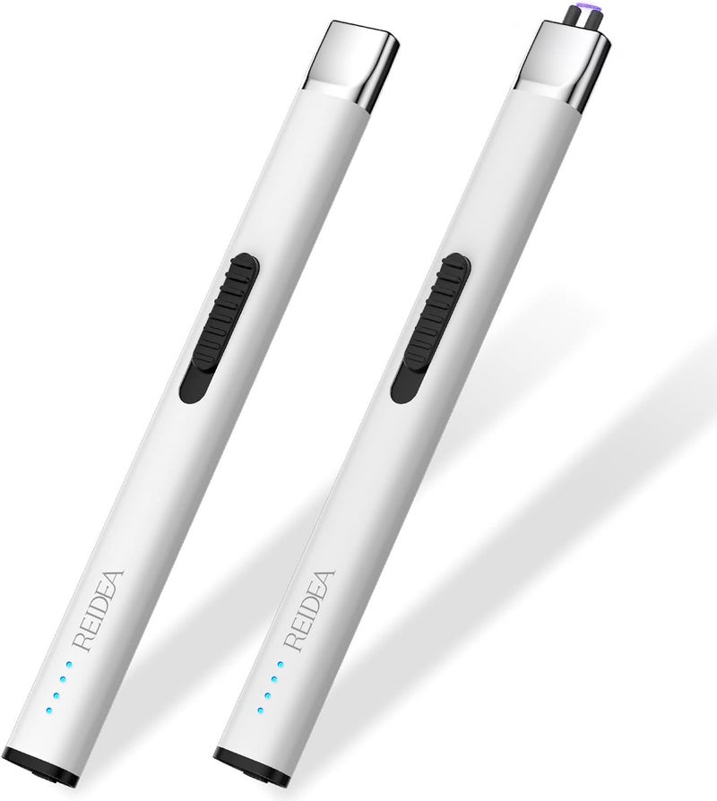 REIDEA Lighters 2 Pack R1 Flat Electronic Candle Lighter, Windproof Flameless USB Rechargeable Arc Lighter with Safe Button and Power Indicator for Candle, BBQ and Fireworks, White - Image 1